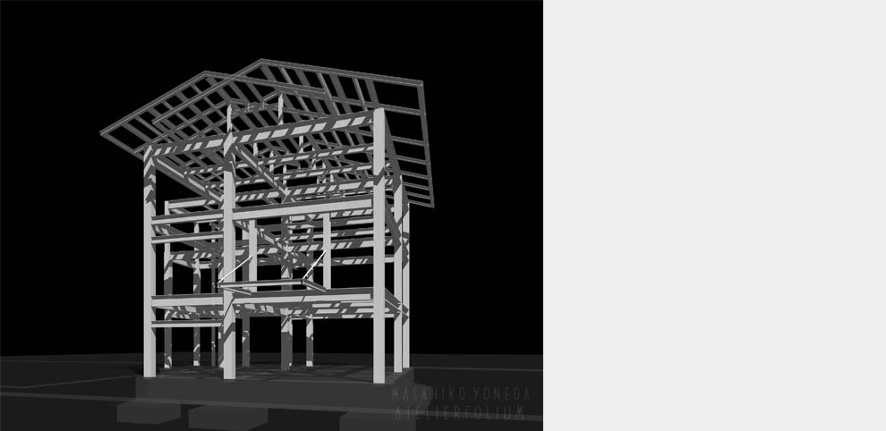 建築家、米田正彦率いる株式会社アトリエフォリウム、ATELIEREOLIUMが設計を行った、集会場・葬儀場の構造パースです。