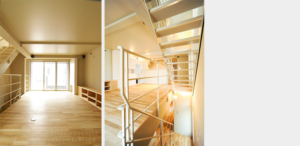 文京区にある設計事務所アトリエフォリウムが設計を行った、住宅の内観写真です。リビングルームと吹き抜けの階段室です。